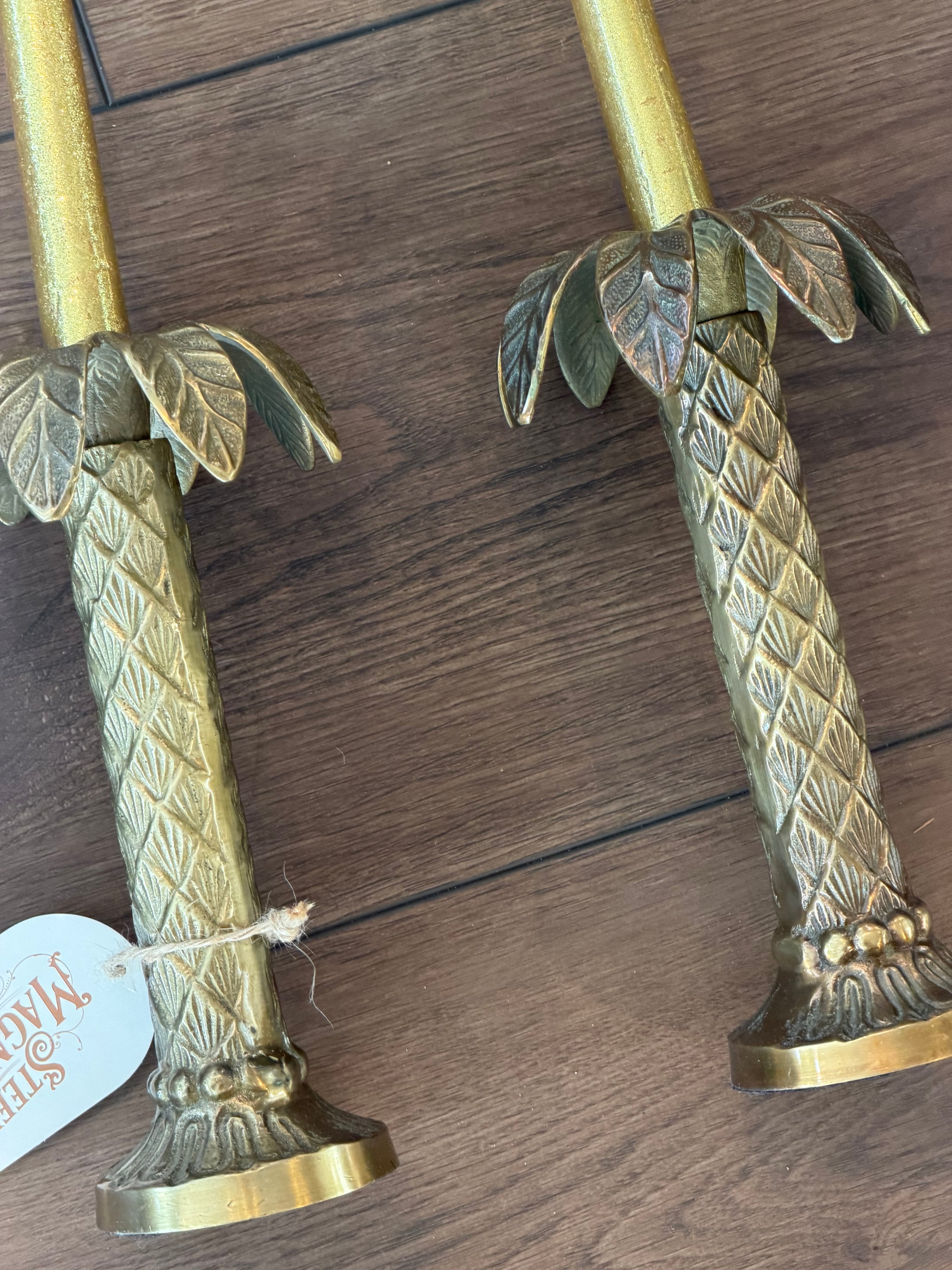 Set of Two Brass Palm Candlestick Holders