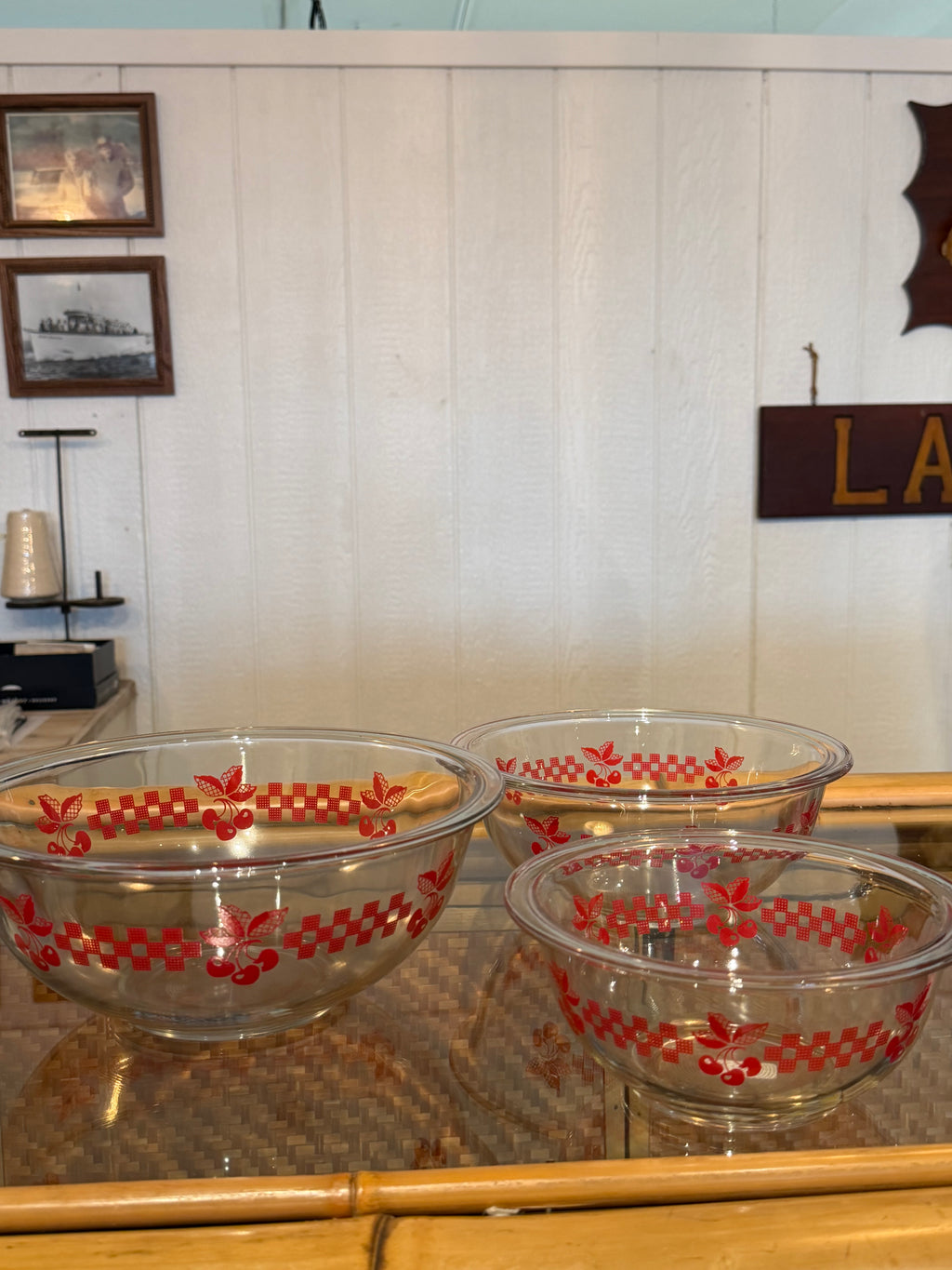 Set of Three Pyrex Cherry Mixing Bowls