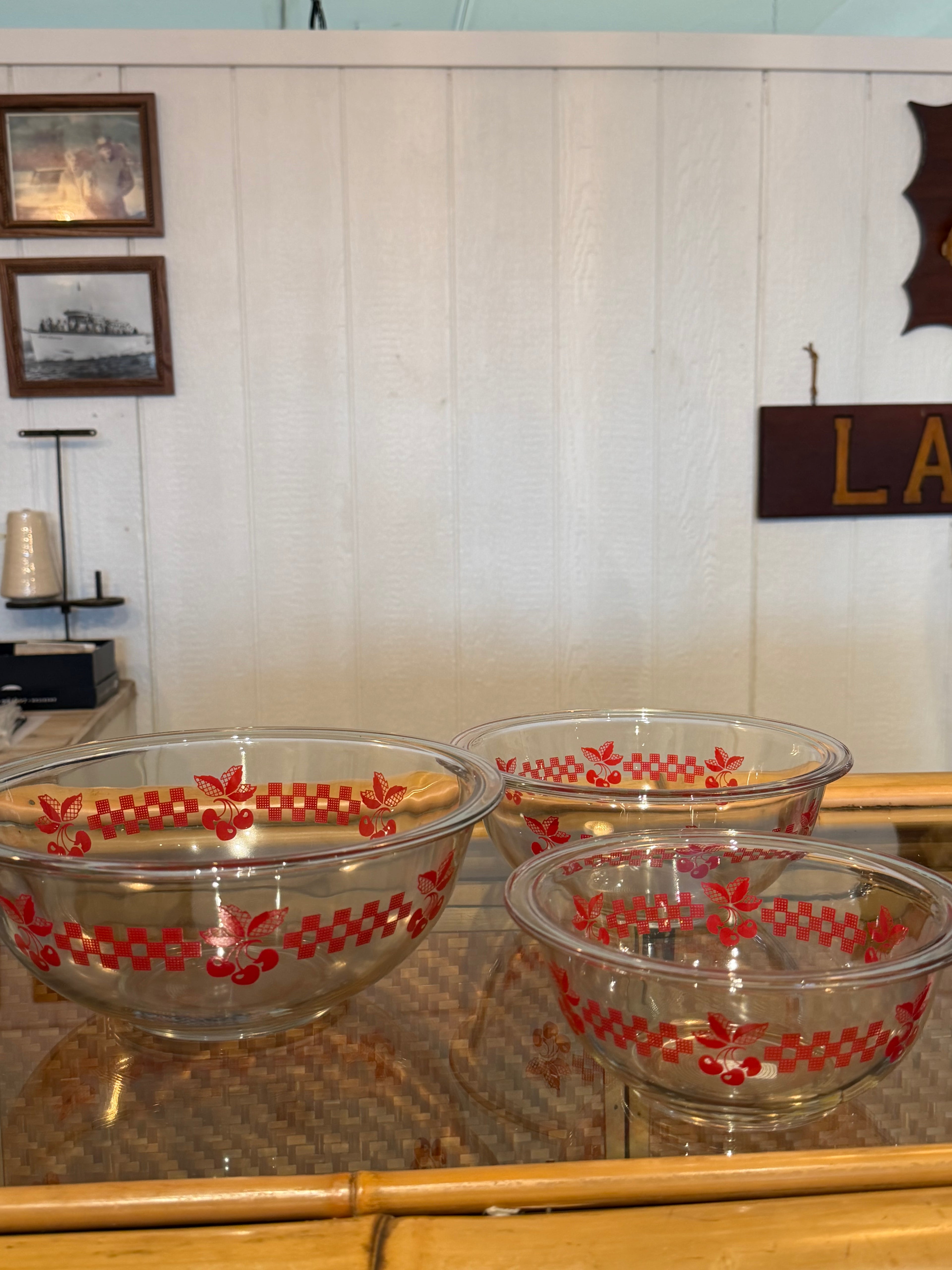 Set of Three Pyrex Cherry Mixing Bowls