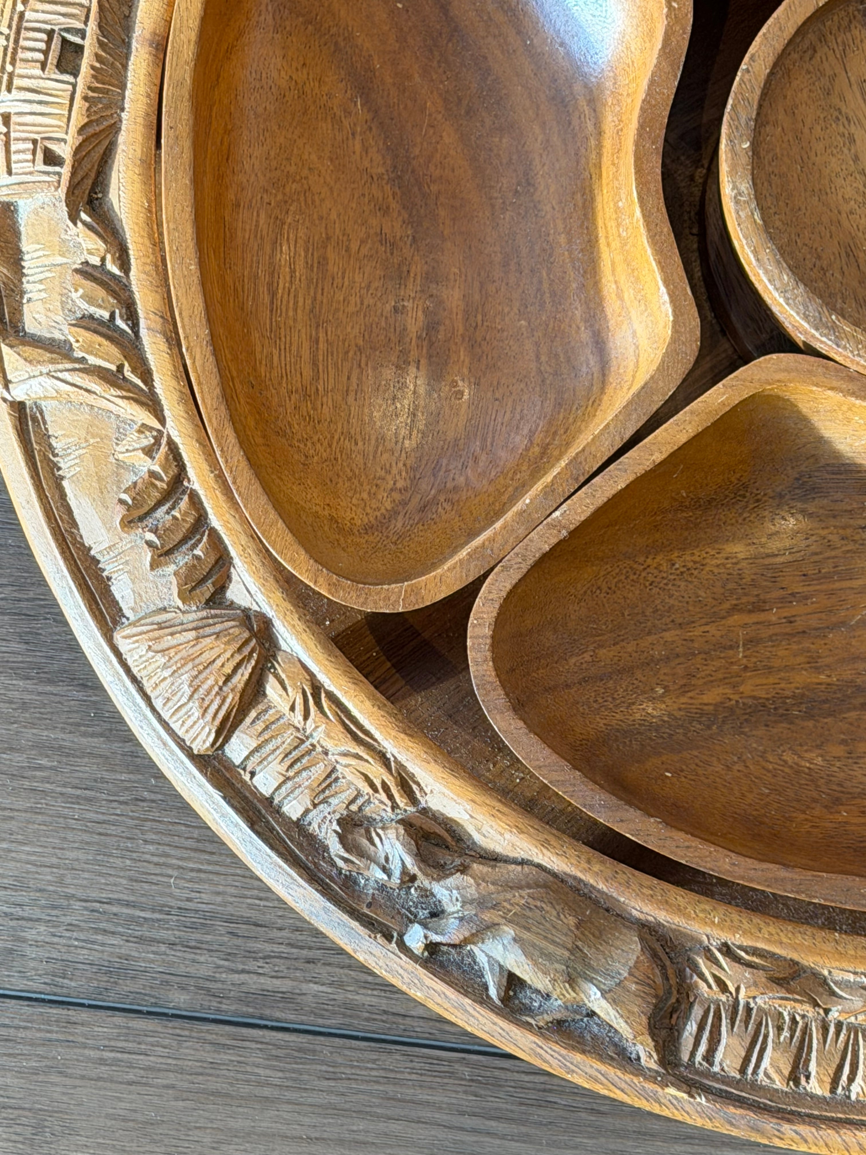 Carved Wood Serving Tray with Bowls