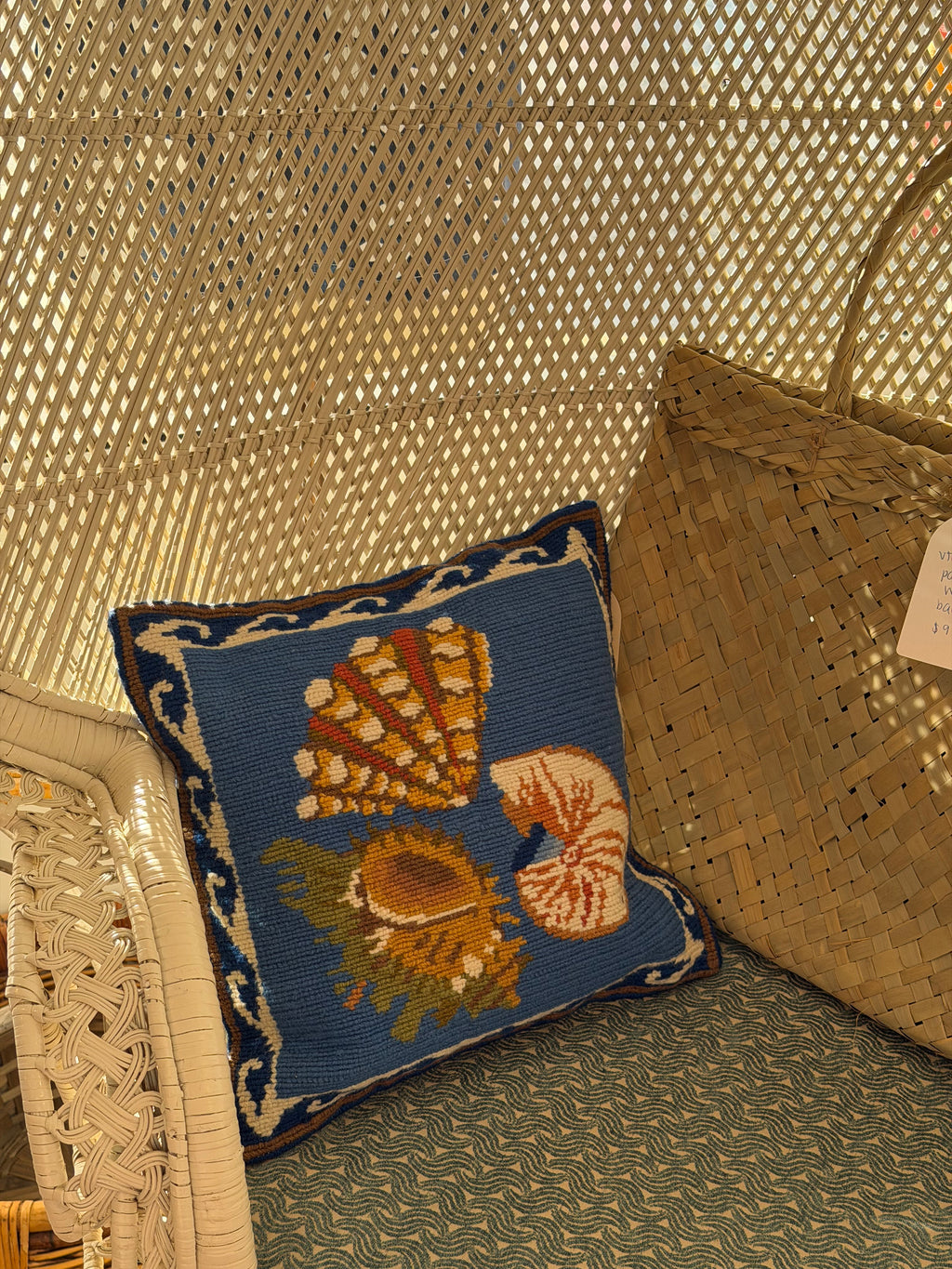 Greek Seashell Needlepoint Throw Pillow