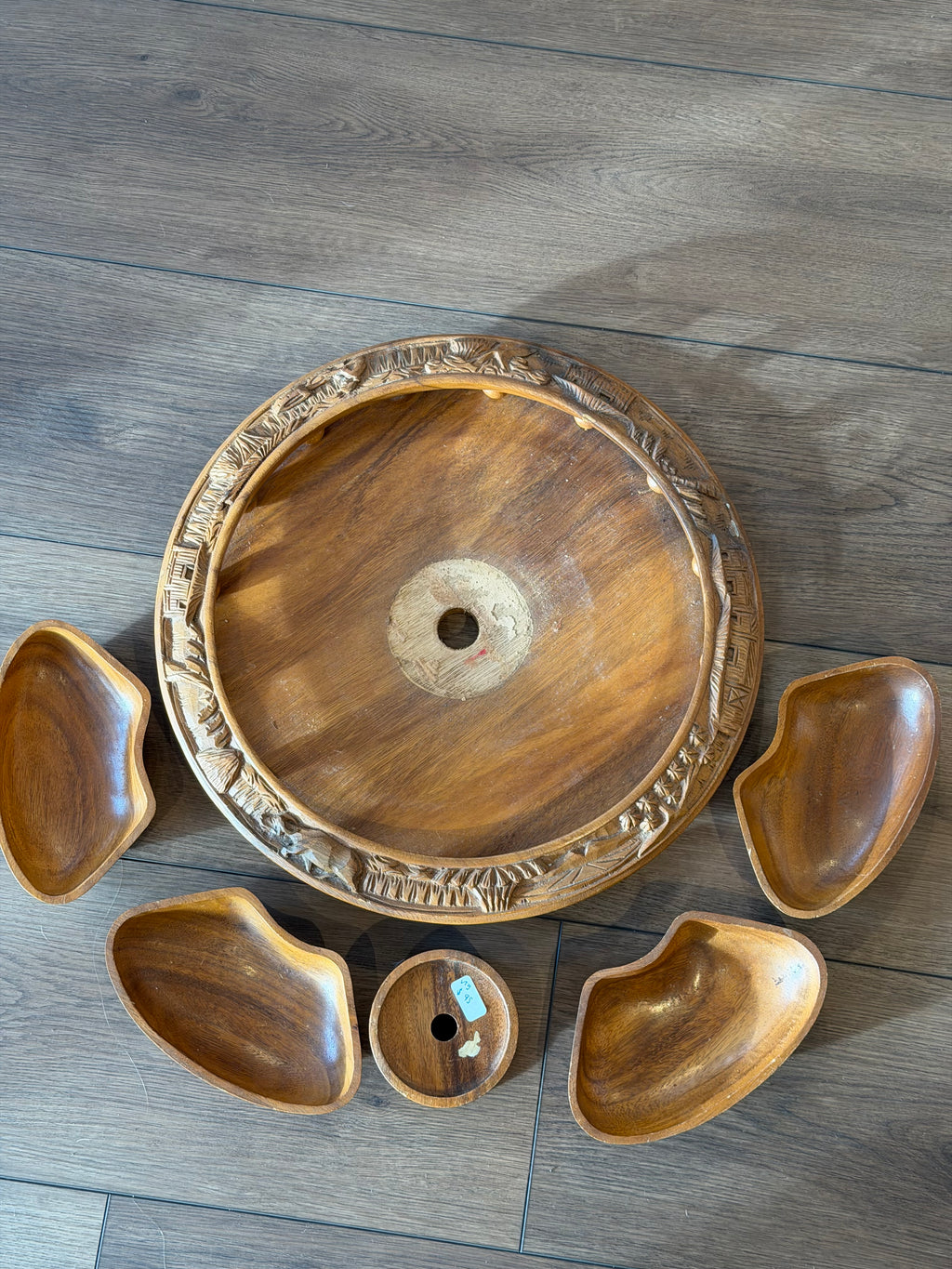 Carved Wood Serving Tray with Bowls
