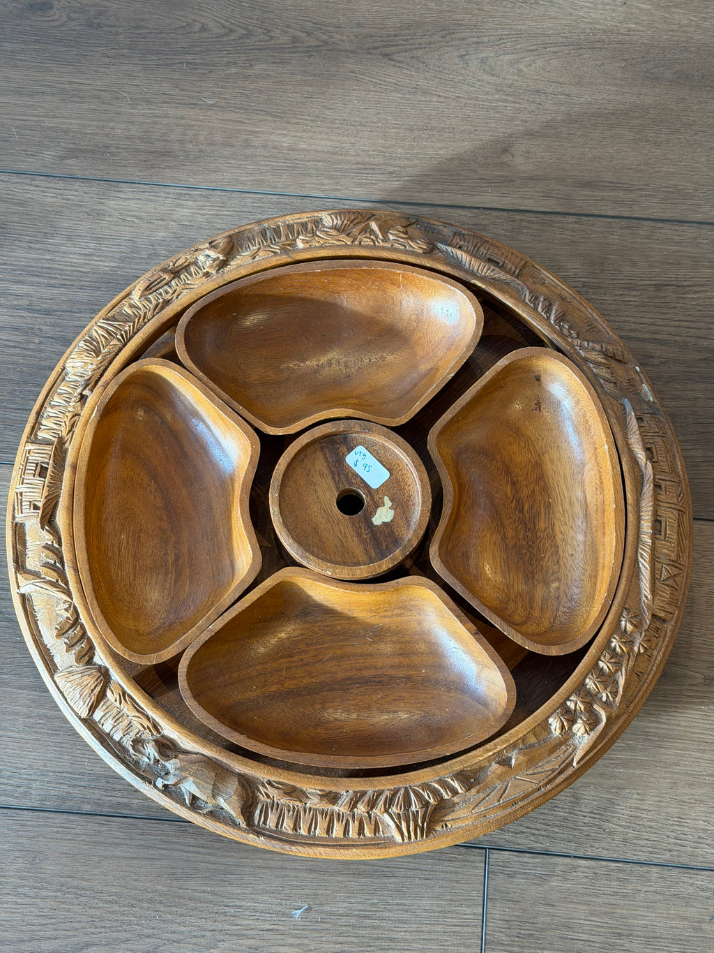 Carved Wood Serving Tray with Bowls