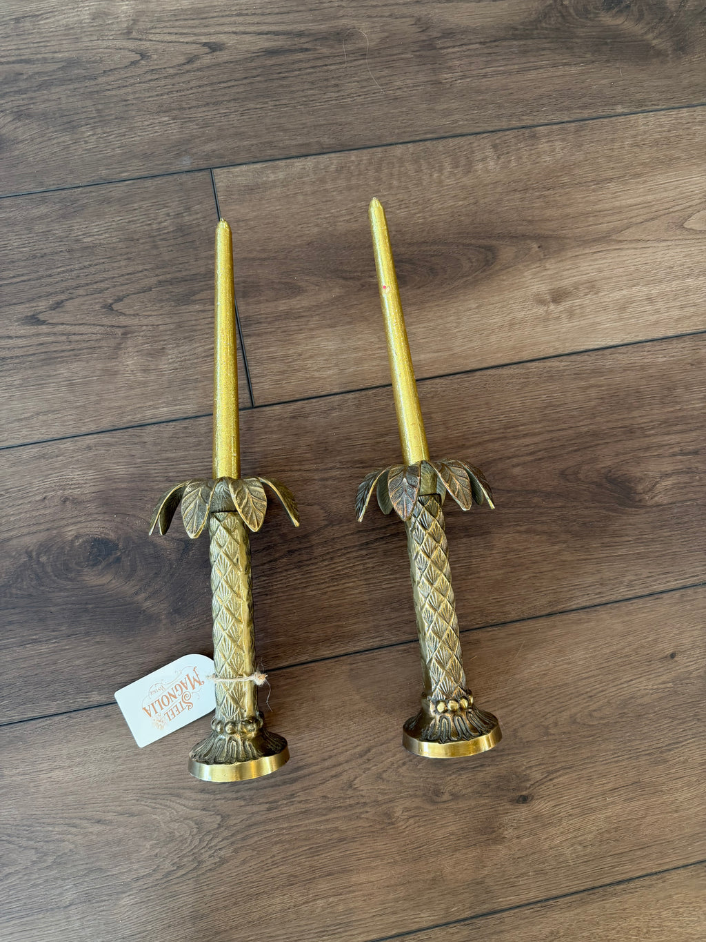 Set of Two Brass Palm Candlestick Holders