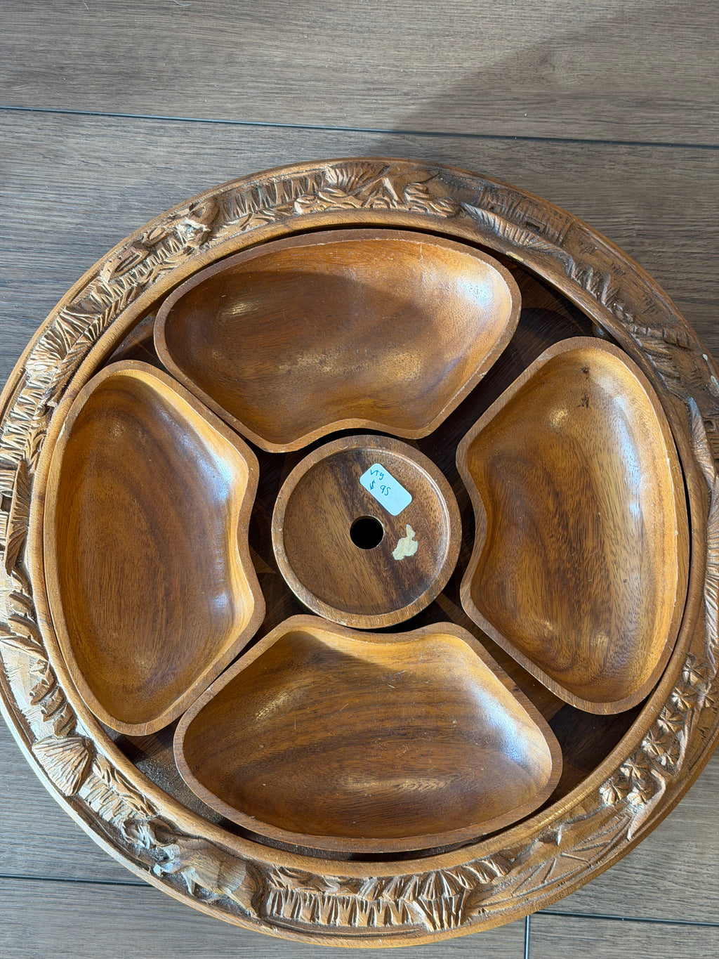 Carved Wood Serving Tray with Bowls